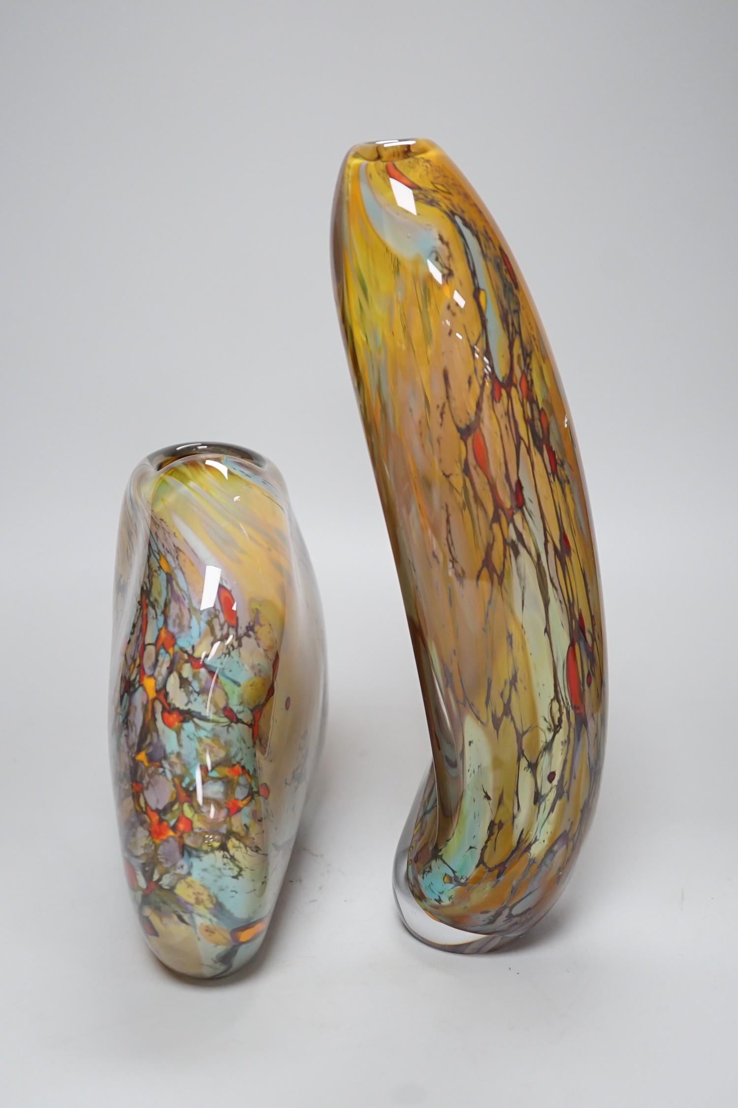 Two contemporary free-form studio glass vases, indistinctly signed, tallest 29cms high